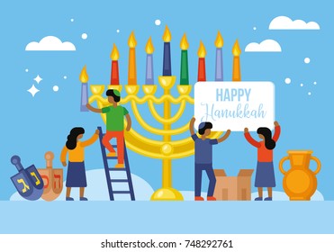 Hanukkah holiday concept. Small people characters decorating menorah. Flat style vector illustration.