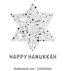 Hanukkah holiday flat design black thin line icons set in star of david shape with text in english "Happy Hanukkah".