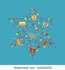 Hanukkah holiday flat design icons set in star of david shape.