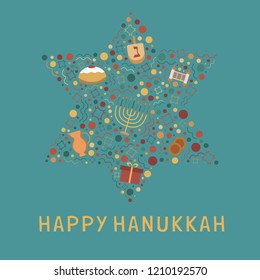 Hanukkah holiday flat design icons set in star of david shape with text in english "Happy Hanukkah".
