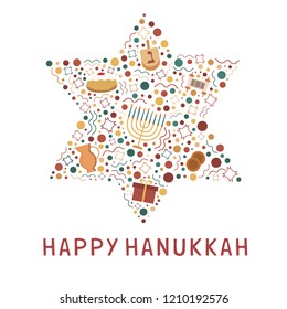 Hanukkah holiday flat design icons set in star of david shape with text in english "Happy Hanukkah".
