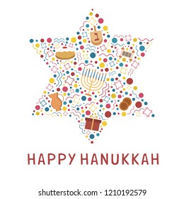 Hanukkah holiday flat design icons set in star of david shape with text in english "Happy Hanukkah".
