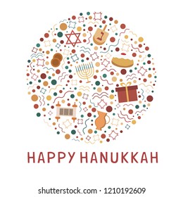 Hanukkah holiday flat design icons set in round shape with text in english "Happy Hanukkah".