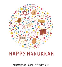 Hanukkah holiday flat design icons set in round shape with text in english "Happy Hanukkah".