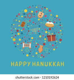 Hanukkah holiday flat design icons set in round shape with text in english "Happy Hanukkah".