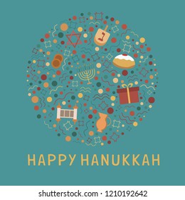 Hanukkah holiday flat design icons set in round shape with text in english "Happy Hanukkah".