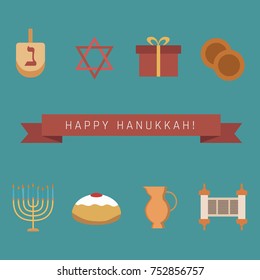 Hanukkah holiday flat design icons set with text in english "Happy Hanukkah". Vector eps10 illustration.