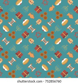 Hanukkah holiday flat design icons seamless pattern. Vector eps10 illustration.
