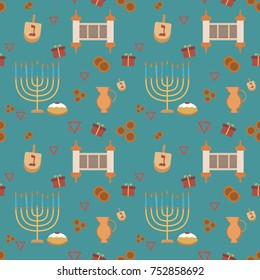 Hanukkah holiday flat design icons seamless pattern. Vector eps10 illustration.