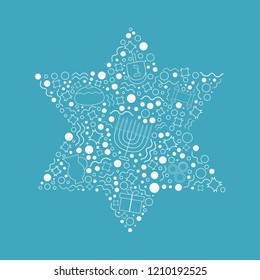 Hanukkah holiday flat design white thin line icons set in star of david shape.