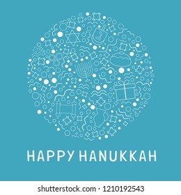 Hanukkah holiday flat design white thin line icons set in round shape with text in english "Happy Hanukkah".