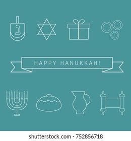 Hanukkah holiday flat design white thin line icons set with text in english "Happy Hanukkah". Vector eps10 illustration.