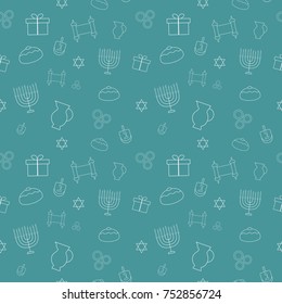 Hanukkah holiday flat design white thin line icons seamless pattern. Vector eps10 illustration.