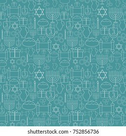 Hanukkah holiday flat design white thin line icons seamless pattern. Vector eps10 illustration.