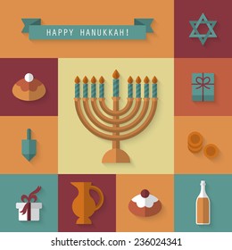 Hanukkah holiday flat modern icons