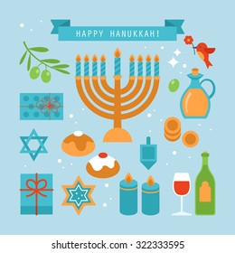 Hanukkah holiday flat stylish icons set. Vector illustration