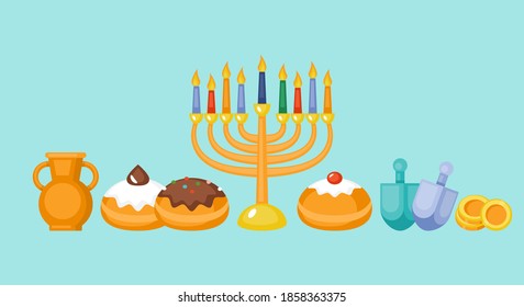 Hanukkah holiday greeting card design with menorah, sufganiyot and spinning top.