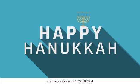 Hanukkah holiday greeting with menorah icon and english text "Happy Hanukkah". flat design.
