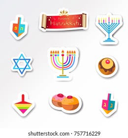 Hanukkah Holiday greeting poster traditional symbols donuts cakes, dreidel spinning top, menorah candles with fire flame, candelabrum, David star, scroll banner vector stickers set Festival logo flat