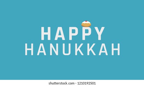 Hanukkah holiday greeting with sufganiyah icon and english text "Happy Hanukkah". flat design.
