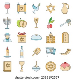 Hanukkah holiday icon set. Outline set of hanukkah holiday vector icons thin line color flat on white