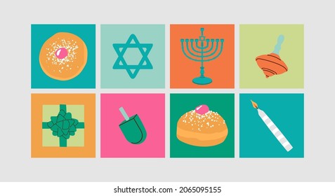 Hanukkah holiday icons set with menorah. Hand drawn minimal trendy vector illustration