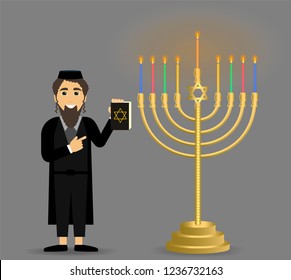 Hanukkah holiday. Judaism. The concept of a Jew and Hanukkah candlestick.