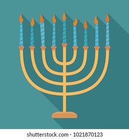 Hanukkah holiday Menora flat long shadow design icon. Vector eps10 illustration.