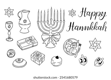 Conjunto de doodle de esquema de vacaciones de Janucá con texto de caligrafía Happy Hanukkah. Composición de contorno de Vector monocromo con artículos relacionados con vacaciones judías aisladas sobre fondo blanco