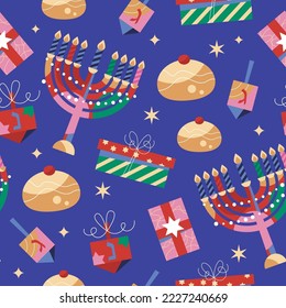 Hanukkah holiday seamless pattern design with menorah, traditional donuts, gift boxes and spinning top. Modern template background for social media. Vector illustration 