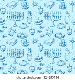 Hanukkah holiday seamless pattern design. Hand drawing vector