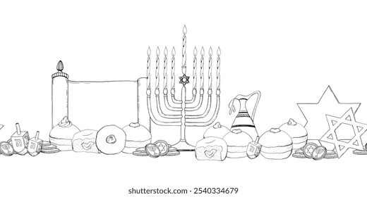 Hanukkah Feiertagssymbole schwarz-weißer, nahtloser Vektor mit Menora, Kerzen, Donuts, Krug mit Olivenöl, Münzen und Tora-Schriftrolle. Jüdische Winterfeier Banner Vorlage