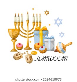 Hanukkah holiday symbols. Isolate on a white background. The illustration is drawn by hand. Handmade. Vector