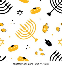 Hanukkah holiday vector seamless pattern background with menorah, david stars, sufganiyot, dreidels, coins and dots.