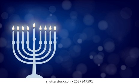 Hanukkah horizontales Banner mit Menorah auf dunkelblauem Hintergrund mit Bokeh-Effekt. Hanukkiah mit Kerzen und festlichem Hintergrund. Vektorvorlage mit Kopienraum für Hanukkah Webdesign oder Poster.