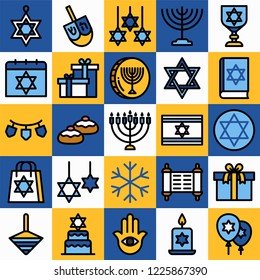 Hanukkah icon collection, Jewish winter holiday background, Hebrew decoration elements, festive backdrop, colorful pattern, vector illustration, flat icons