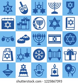 Hanukkah icon collection, Jewish winter holiday background, Hebrew decoration elements, festive backdrop, colorful pattern, vector illustration, flat icons