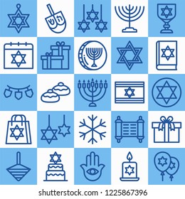 Hanukkah icon collection, Jewish winter holiday background, Hebrew decoration elements, festive backdrop, colorful pattern, vector illustration, flat icons