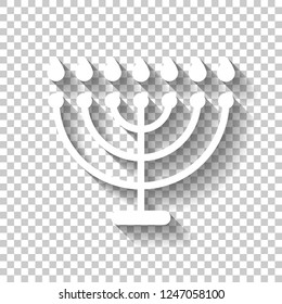 Hanukkah icon or menorah lamp. Outline Jewish Candles. White icon with shadow on transparent background