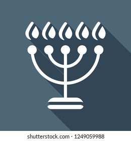 Hanukkah icon or menorah lamp. Outline Jewish Candles. White flat icon with long shadow on blue background