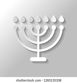 Hanukkah icon or menorah lamp. Outline Jewish Candles. Paper style with shadow on gray background