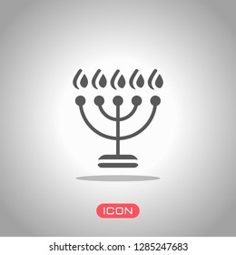 Hanukkah icon or menorah lamp. Outline Jewish Candles. Icon under spotlight. Gray background