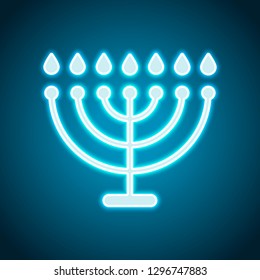 Hanukkah Icon Or Menorah Lamp. Outline Jewish Candles. Neon Style. Light Decoration Icon. Bright Electric Symbol