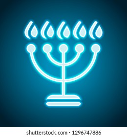 Hanukkah Icon Or Menorah Lamp. Outline Jewish Candles. Neon Style. Light Decoration Icon. Bright Electric Symbol