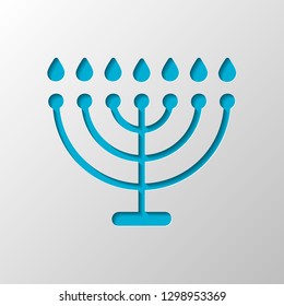Hanukkah icon or menorah lamp. Outline Jewish Candles. Paper design. Cutted symbol with shadow