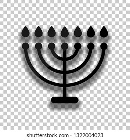 Hanukkah icon or menorah lamp. Outline Jewish Candles. Black glass icon with soft shadow on transparent background