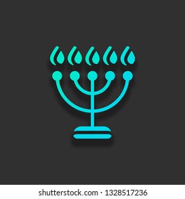 Hanukkah icon or menorah lamp. Outline Jewish Candles. Colorful logo concept with soft shadow on dark background. Icon color of azure ocean