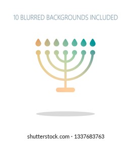 Hanukkah icon or menorah lamp. Outline Jewish Candles. Colorful logo concept with simple shadow on white. 10 different blurred backgrounds included