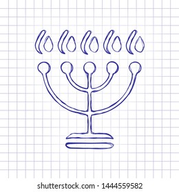 Hanukkah icon or menorah lamp. Outline Jewish Candles. Hand drawn picture on paper sheet. Blue ink, outline sketch style. Doodle on checkered background