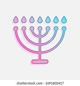 Hanukkah icon or menorah lamp. Outline Jewish Candles. Colored logo with diagonal lines and blue-red gradient. Neon graphic, light effect